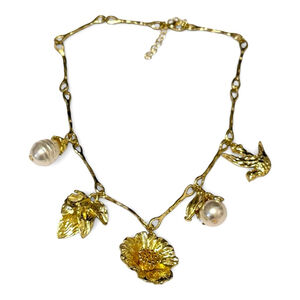 BOHO GOLD | Golden Flower & Pearl Charm Artisan Collar Necklace | NWT